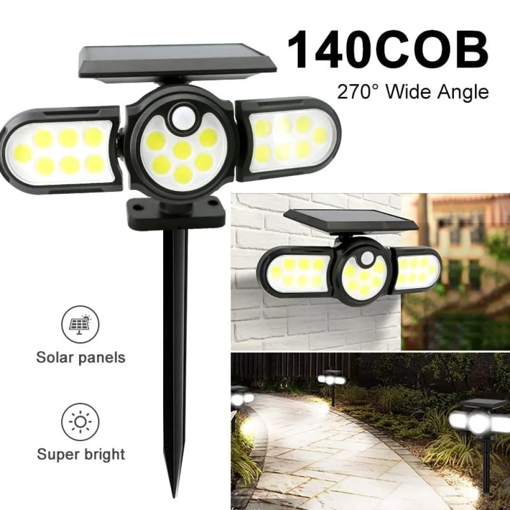 140 Cob Outdoor Solar Lights Three Head Lighting Lawn Ground Lamp Pir Motion