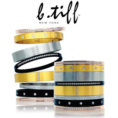 B.Tiff Pav CZ Crystal Row Stainless Steel Bangle Bracelet Silver Black Gold Stainless