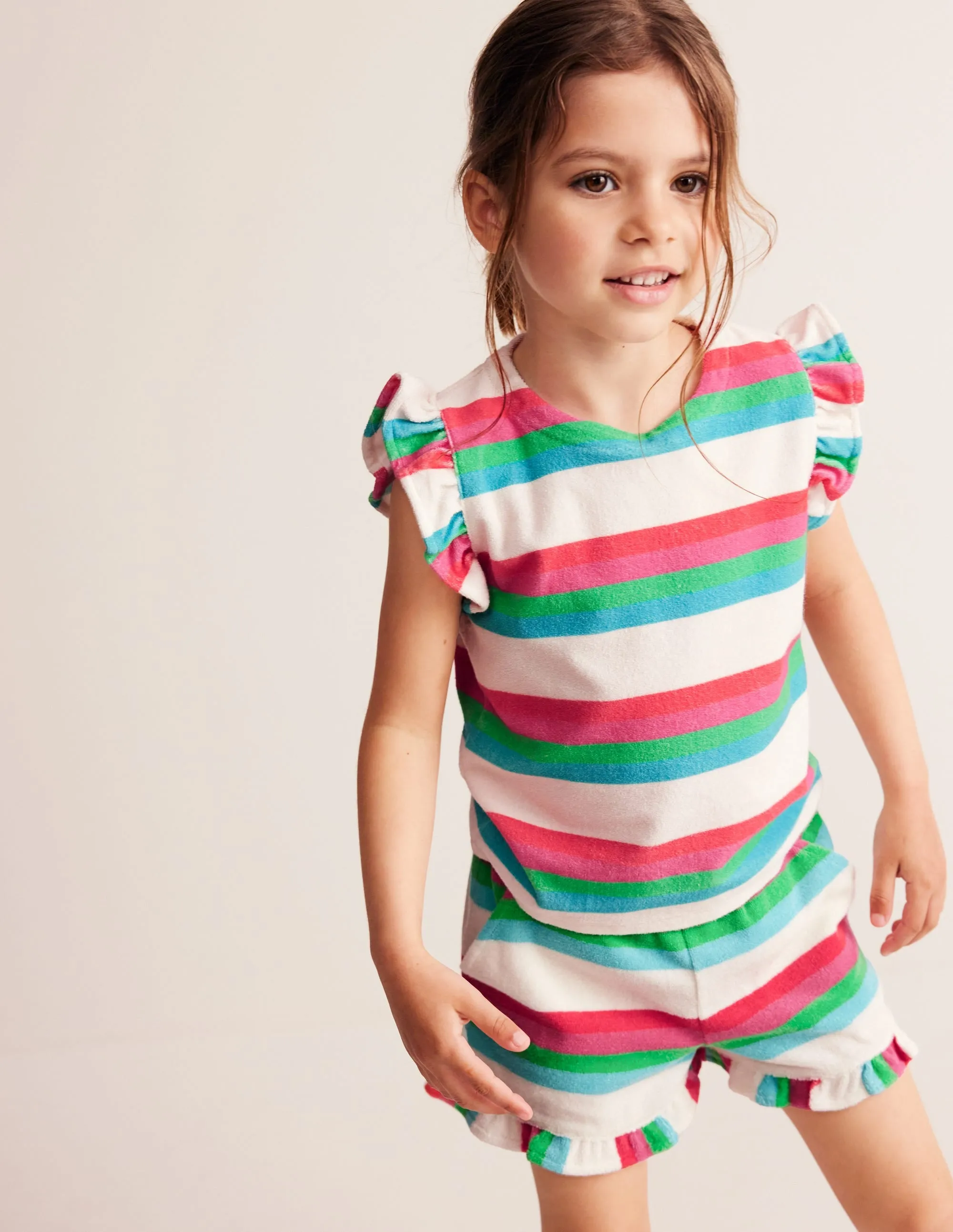 Frill Sleeve Towelling Top-Multistripe