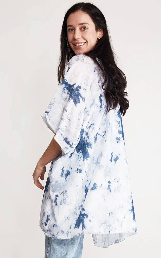 JP2133 Tie-Dyed Print Cover Up Kimono w/Side Slits